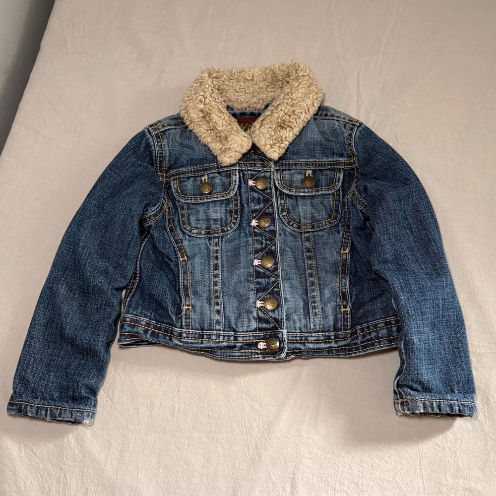 Gap Kids Girls Blue Denim‎ Jacket Sherpa Collar Fair Isle Knit Lined Size 3
